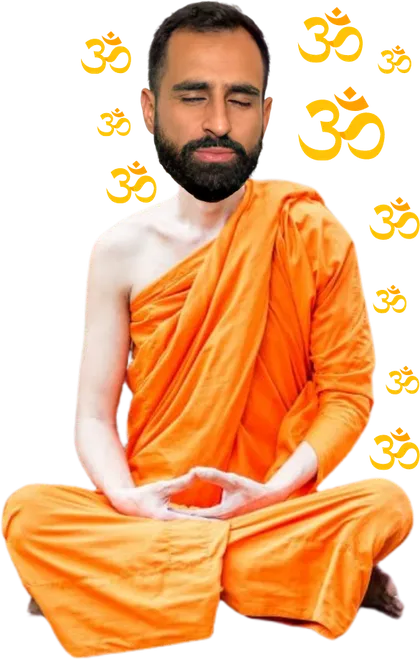 Personagem em pose de monge, representação bem-humorada do mito